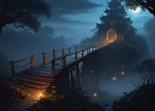 fantasy landscape,witch's house,wooden bridge,the mystical path,devilwood,wooden path,haunted forest,winding steps,witch house,hangman's bridge,treehouse,fantasy picture,myst,tree top path,hollow way,light of night,fairy chimney,tree house,stairway,pathway,Conceptual Art,Sci-Fi,Sci-Fi 07