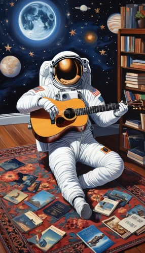 spaceman,violinist violinist of the moon,sci fiction illustration,space art,astronaut,astronautics,cavaquinho,spacesuit,astronauts,cosmonaut,tranquility base,sound space,robot in space,guitar player,space suit,orbiting,music books,space-suit,space craft,astronomer,Photography,General,Realistic