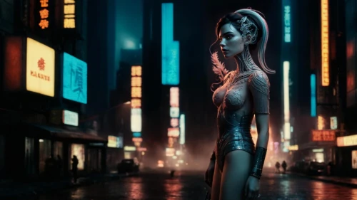 cyberpunk,digital compositing,girl walking away,neon body painting,photo manipulation,photomanipulation,world digital painting,girl in a long dress,transistor,photoshop manipulation,girl in a long,woman walking,city lights,image manipulation,citylights,fashion street,metropolis,cinema 4d,alley,pedestrian