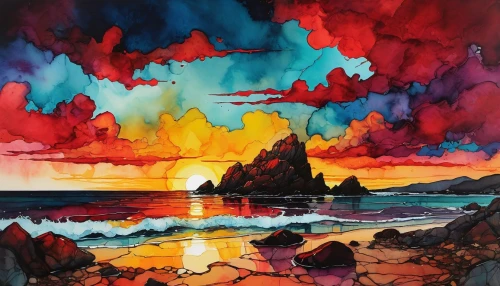 volcano,lava,volcanic,volcanic landscape,magma,volcanic eruption,volcanos,eruption,volcanic field,volcanism,lava flow,navajo bay,fire mountain,watercolor background,volcanic lake,volcanoes,red cliff,lava lamp,coast sunset,the eruption,Illustration,Paper based,Paper Based 19