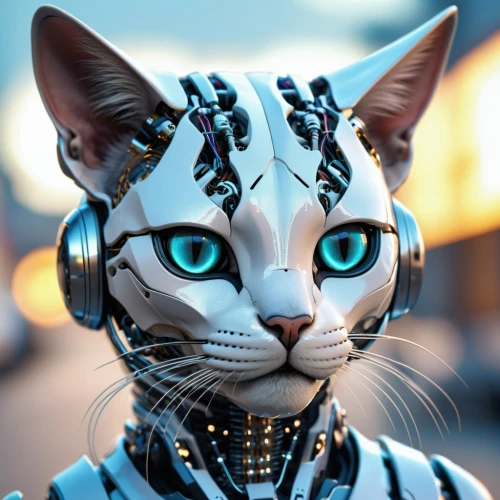 chat bot,streampunk,cyborg,cybernetics,cat vector,cyberpunk,sphynx,cyber,cat warrior,chatbot,robotic,cat with blue eyes,ai,artificial intelligence,feline,ocicat,feline look,animal feline,cat sparrow,humanoid,Photography,General,Realistic