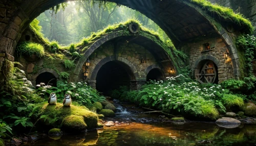 fairy village,fantasy landscape,elven forest,fantasy picture,fairy forest,fairytale forest,fairy world,fantasy art,tunnel of plants,fairy house,enchanted forest,3d fantasy,a fairy tale,wishing well,hobbiton,mushroom landscape,fairy tale,world digital painting,fairy tale castle,fairytale castle