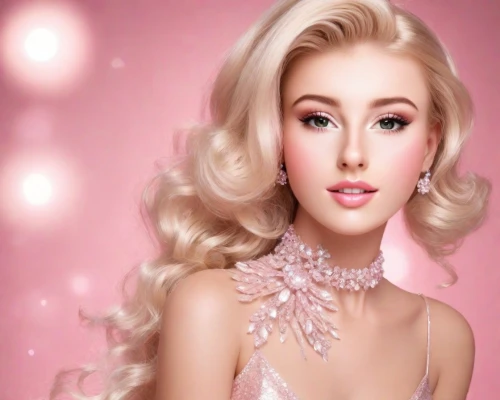 barbie doll,magnolieacease,realdoll,doll's facial features,porcelain doll,barbie,pink beauty,artificial hair integrations,pink background,sugar candy,marylyn monroe - female,pink lady,pink glitter,white-pink,vintage makeup,pearl necklace,light pink,fairy dust,lycia,women's cosmetics