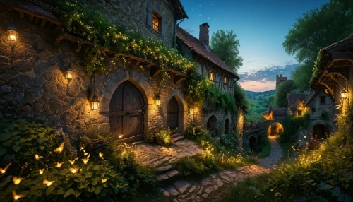 medieval street,hobbiton,alpine village,knight village,mountain settlement,medieval town,hobbit,aurora village,fairy village,mountain village,fantasy picture,fantasy landscape,3d fantasy,escher village,fantasy art,druid grove,narrow street,medieval,old linden alley,merida