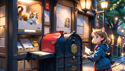newspaper box,mail box,letter box,mailbox,mail bag,shopping street,mail,book store,spam mail box,newspaper delivery,watercolor shops,studio ghibli,bookstore,shopping box,vending machine,mail truck,shopkeeper,gift shop,vending machines,convenience store,Anime,Anime,Cartoon