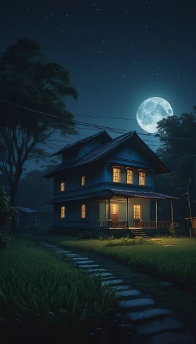 lonely house,moonlit night,house silhouette,night scene,home landscape,wooden house,little house,moonlit,studio ghibli,moonlight,witch's house,small house,beautiful home,house in the forest,ancient house,traditional house,house,guesthouse,witch house,moonrise,Conceptual Art,Sci-Fi,Sci-Fi 11