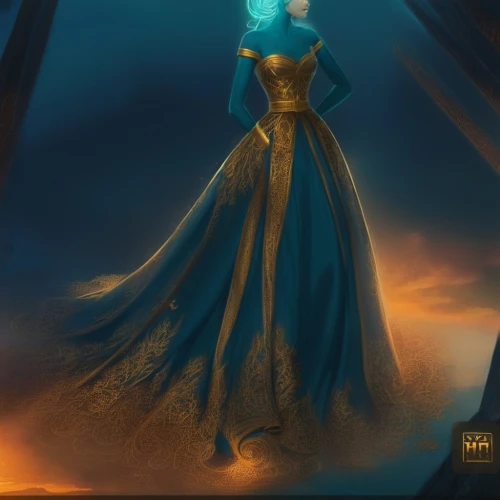 blue enchantress,ball gown,golden crown,transistor,sorceress,fantasy portrait,hoopskirt,queen of the night,evening dress,gown,celtic queen,digital painting,lady of the night,fantasia,priestess,merida,light of night,world digital painting,celebration cape,mage,Conceptual Art,Fantasy,Fantasy 02