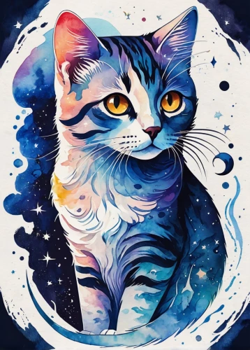 cat on a blue background,cat vector,watercolor cat,luna,indigo,lunar,drawing cat,capricorn kitz,calico cat,cat with blue eyes,cartoon cat,blue eyes cat,cat portrait,calico,cat,cat image,constellation wolf,nyan,cat drawings,moonbeam,Illustration,Japanese style,Japanese Style 06