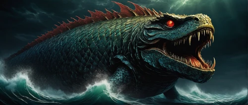 cynorhodon,marine reptile,dragon of earth,landmannahellir,sea monsters,komodo,saurian,godzilla,salt water crocodile,gorgonops,uintatherium,god of the sea,basilisk,prehistoric,tyrannosaurus,wyrm,kelpie,ark,crocodile,spinosaurus,Illustration,Realistic Fantasy,Realistic Fantasy 33