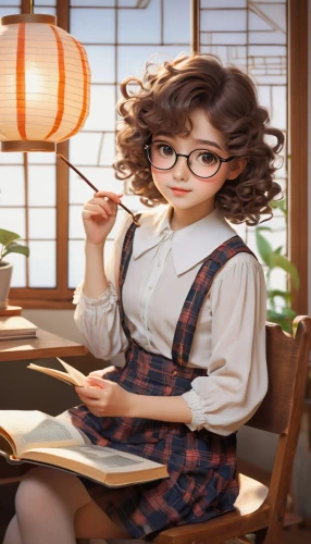 girl studying,librarian,reading glasses,tutor,bookworm,little girl reading,book glasses,tutoring,anime japanese clothing,scholar,japanese kawaii,girl at the computer,schoolgirl,reading magnifying glass,kids glasses,teacher,with glasses,secretary,child's diary,child with a book,Illustration,Realistic Fantasy,Realistic Fantasy 31