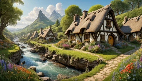 alpine village,knight village,fairy village,fantasy landscape,home landscape,aurora village,mountain village,mountain settlement,fantasy picture,hobbiton,escher village,hobbit,landscape background,fantasy art,houses clipart,thatched cottage,house in mountains,druid grove,cartoon video game background,cottage