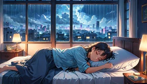 blue rain,blue room,blue pillow,sleeping,sleeping room,romantic night,romantic scene,the sleeping rose,sleeping rose,asleep,bedroom window,night scene,sleep,winter dream,studio ghibli,detective conan,zzz,starry sky,dream world,dreaming,Anime,Anime,Realistic