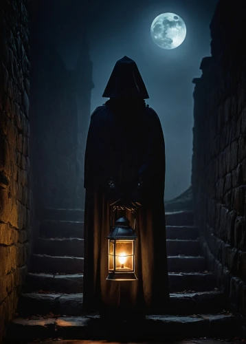 hooded man,middle eastern monk,lantern,monk,illuminated lantern,the nun,lamplighter,cloak,the abbot of olib,grimm reaper,light of night,candlemaker,night watch,the mystical path,candlemas,night image,pilgrim,dracula castle,the night of kupala,sleepwalker,Art,Artistic Painting,Artistic Painting 31
