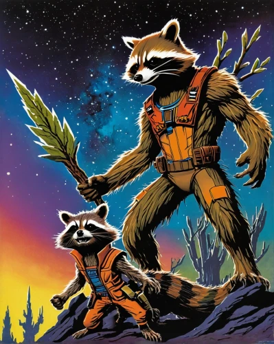 rocket raccoon,raccoons,guardians of the galaxy,north american raccoon,patrols,forest workers,splinter,groot super hero,raccoon,badger,anthropomorphized animals,sci fiction illustration,patrol,groot,cover,game illustration,baby groot,rocket,limb males,arrowroot family,Conceptual Art,Sci-Fi,Sci-Fi 18