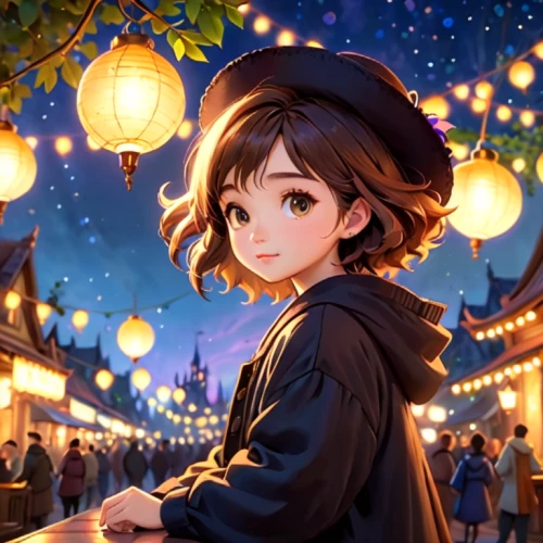 anime japanese clothing,fairy tale character,studio ghibli,witch's hat icon,magical,magical adventure,shanghai disney,violet evergarden,akko,portrait background,starry sky,cg artwork,honmei choco,festival,lanterns,tokyo disneyland,girl with speech bubble,anime cartoon,fairy lanterns,disney character