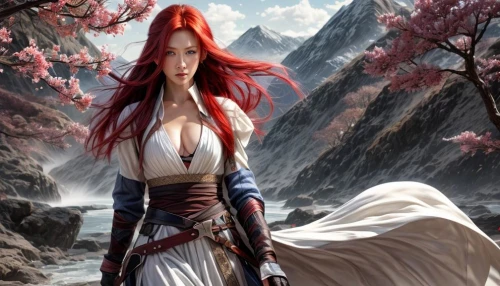fantasy picture,fantasy art,female warrior,sorceress,fantasy woman,warrior woman,massively multiplayer online role-playing game,heroic fantasy,elven,the enchantress,background image,red riding hood,red skin,fantasy portrait,red chief,red-haired,swordswoman,oriental princess,celtic queen,hwachae