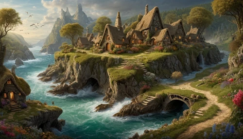 fantasy landscape,fairy village,mountain settlement,fantasy picture,an island far away landscape,fantasy art,home landscape,druid grove,northrend,hobbiton,aurora village,knight village,alpine village,mountain village,island of fyn,fantasy world,3d fantasy,fairy tale castle,fairy world,imperial shores