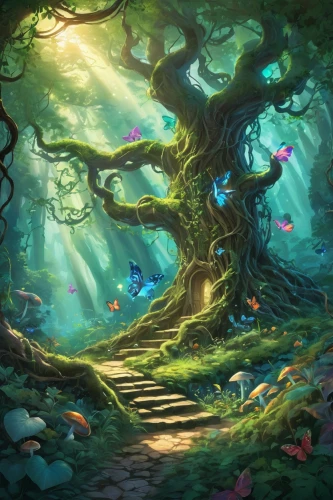 fairy forest,elven forest,magic tree,druid grove,enchanted forest,fairytale forest,forest path,forest tree,fae,forest of dreams,forest background,fantasy landscape,fantasy picture,flourishing tree,fairy world,celtic tree,the forest,forest landscape,forest glade,the mystical path,Illustration,Japanese style,Japanese Style 07