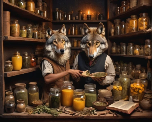 apothecary,wolves,potions,two wolves,candlemaker,offerings,spirits,photomanipulation,wolf couple,wolf's milk,alchemy,book store,shopkeeper,werewolves,examining,fox and hare,foragers,foxes,readers,conceptual photography,Illustration,Realistic Fantasy,Realistic Fantasy 21