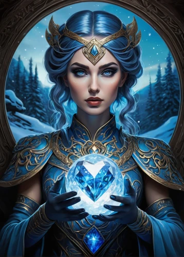 blue enchantress,ice queen,the snow queen,fantasy art,fantasy portrait,sorceress,blue heart,ice princess,winterblueher,fantasy picture,elsa,blue snowflake,priestess,fantasy woman,the enchantress,sapphire,heroic fantasy,summoner,blue star,amulet,Illustration,Realistic Fantasy,Realistic Fantasy 25