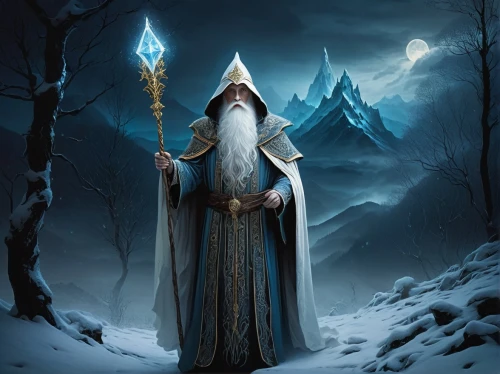 father frost,gandalf,wizard,the wizard,fantasy picture,mage,druid,druids,archimandrite,white walker,blue enchantress,summoner,light bearer,elven,fantasy art,northrend,magus,hieromonk,pall-bearer,wizards,Illustration,Abstract Fantasy,Abstract Fantasy 01