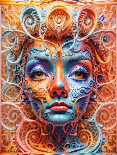 fractals art,psychedelic art,boho art,fractalius,kaleidoscope art,medusa,multicolor faces,fantasy portrait,fantasy art,masquerade,intricate,mandala framework,fractals,bjork,bodypainting,kaleidoscope,mandala art,mantra om,kaleidoscopic,cirque du soleil