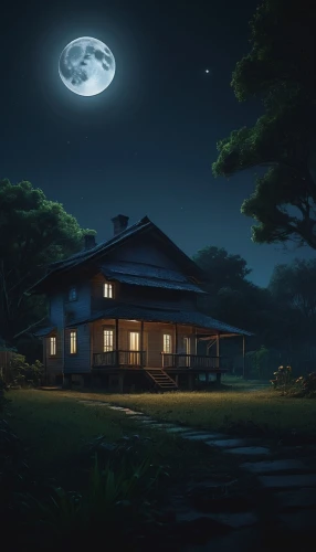 lonely house,moonlit night,house silhouette,witch house,witch's house,house in the forest,studio ghibli,moonlit,night scene,moonlight,little house,wooden house,beautiful home,abandoned house,house with lake,small house,summer cottage,home landscape,house,guesthouse,Conceptual Art,Sci-Fi,Sci-Fi 11