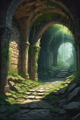 ruins,ancient city,the ruins of the,the mystical path,pathway,hollow way,the path,backgrounds,threshold,ruin,archway,ancient,winding steps,lost place,mausoleum ruins,fantasy landscape,path,road forgotten,ancient buildings,hall of the fallen,Illustration,Japanese style,Japanese Style 07