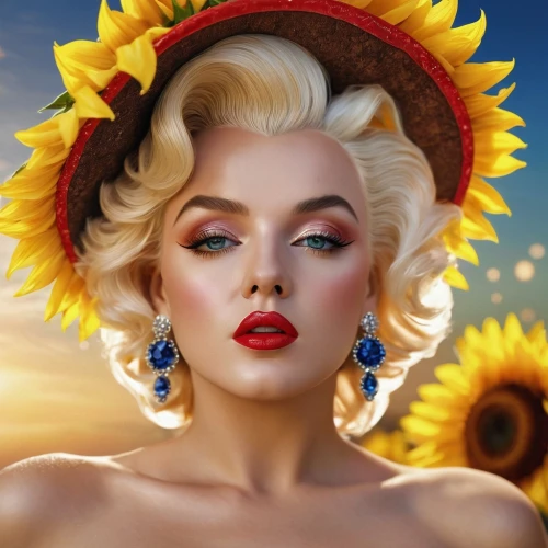 yellow sun hat,marylyn monroe - female,sun flowers,marilyn,sunflower,sunflowers,helianthus sunbelievable,marylin monroe,sun flower,retro pin up girl,flower in sunset,sun hat,sun roses,golden flowers,retro woman,pin-up girl,retro flowers,desert flower,yellow flower,vintage makeup,Photography,General,Commercial