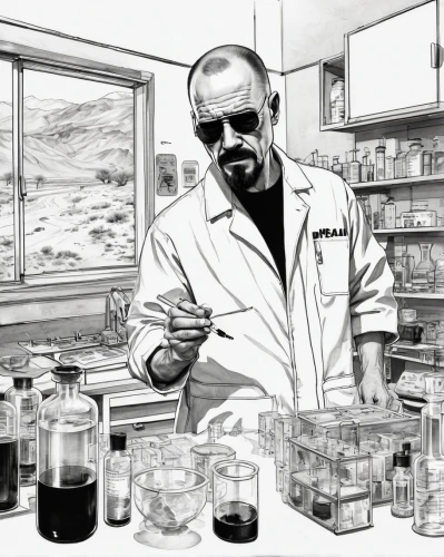 breaking bad,chemist,pharmacist,chemical laboratory,scientist,lab,apothecary,natural scientists,ice cube,reagents,biologist,researcher,pharmacy,in the pharmaceutical,laboratory,pharmaceutical,microbiologist,sci fiction illustration,pharmaceuticals,dr,Illustration,Paper based,Paper Based 30