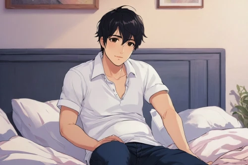 sits on away,shouta,husband,oleander,ren,room boy,yukio,male character,corvin,bedding,loud crying,long-haired hihuahua,boy's room picture,black pine,main character,anime boy,bed,male poses for drawing,pajamas,the son of lilium persicum,Photography,Documentary Photography,Documentary Photography 28