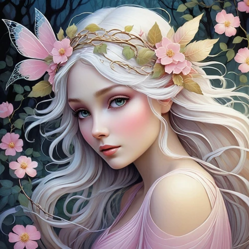 fantasy portrait,flower fairy,faery,elven flower,spring unicorn,girl in flowers,flora,faerie,rosa 'the fairy,fairy queen,beautiful girl with flowers,fae,rose flower illustration,fantasy art,flower crown,spring crown,magnolia,mystical portrait of a girl,flower girl,rosa ' the fairy,Illustration,Vector,Vector 09