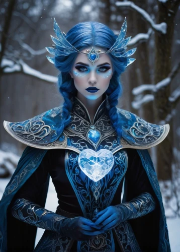 blue enchantress,ice queen,the snow queen,winterblueher,ice princess,suit of the snow maiden,blue snowflake,sorceress,the enchantress,fantasy woman,fantasy art,dark elf,violet head elf,cosplay image,fantasy picture,white rose snow queen,icemaker,heroic fantasy,elsa,summoner,Illustration,Realistic Fantasy,Realistic Fantasy 25