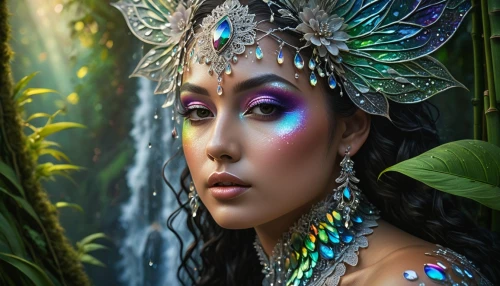 faery,faerie,fairy peacock,polynesian girl,feather headdress,fantasy portrait,headdress,fantasy art,fairy queen,dryad,shamanic,the enchantress,mystical portrait of a girl,shamanism,maori,fantasy picture,adornments,indian headdress,tiger lily,fairy world,Photography,General,Fantasy