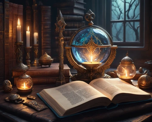 magic book,magic grimoire,divination,candlemaker,scholar,crystal ball-photography,cauldron,alchemy,triquetra,prayer book,crystal ball,spell,sci fiction illustration,games of light,potions,tealight,miracle lamp,candlelight,oil lamp,fantasy art,Conceptual Art,Daily,Daily 13