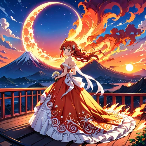 moon and star background,fire angel,rem in arabian nights,celestial event,sun moon,sun bride,lunar eclipse,fire background,flame spirit,blood moon eclipse,dancing flames,moon and star,spiral background,violinist violinist of the moon,blood moon,fantasy picture,sun,stars and moon,celestial,star illustration,Anime,Anime,Traditional