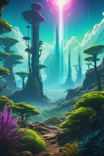 mushroom landscape,futuristic landscape,alien world,fantasy landscape,alien planet,mushroom island,cosmos field,druid grove,background screen,terraforming,fairy world,4k wallpaper,purple landscape,an island far away landscape,biome,backgrounds,cartoon video game background,fairy forest,planet alien sky,background image,Illustration,Paper based,Paper Based 28