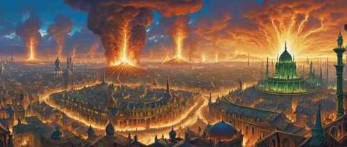 city in flames,destroyed city,fantasy city,city cities,the conflagration,post-apocalyptic landscape,fantasy landscape,sci fiction illustration,fantasy world,burning earth,heroic fantasy,ancient city,burning man,city skyline,cityscape,apocalyptic,arcanum,metropolis,futuristic landscape,armageddon