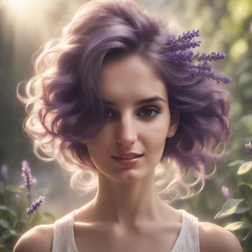 la violetta,pixie-bob,lilac,violet head elf,acerola,cynara,fae,the lavender flower,violet,lavender,purple daisy,anemone purple floral,purple lilac,purple dahlias,pixie,lavendar,sea-lavender,purple dahlia,verbena,fantasy portrait,Photography,Cinematic