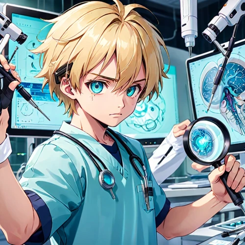 darjeeling,operating room,cartoon doctor,watchmaker,surgeon,cells,physician,doctor,stethoscope,microscope,theoretician physician,scientist,examining,vocaloid,doctors,hospital staff,sci fi surgery room,dentist,male nurse,medical professionals,Anime,Anime,Traditional