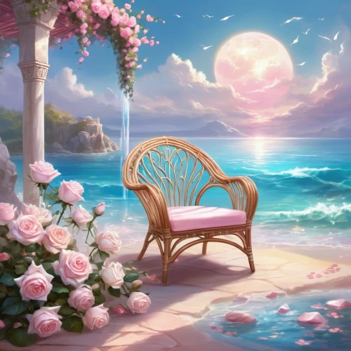 floral chair,beach chair,beach furniture,pink chair,mermaid background,ocean background,dream beach,beach background,beach chairs,flower background,floral background,landscape background,the sleeping rose,beach landscape,delight island,ocean paradise,summer background,fantasy picture,sea breeze,romantic rose,Illustration,Realistic Fantasy,Realistic Fantasy 01