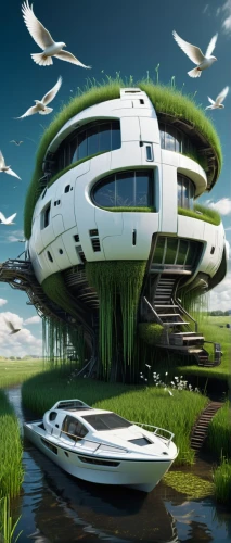 futuristic architecture,futuristic landscape,floating island,floating islands,futuristic art museum,houseboat,cube stilt houses,eco hotel,artificial island,floating huts,eco-construction,artificial islands,alien ship,cube house,dunes house,sky space concept,mobile home,cubic house,futuristic,terraforming,Conceptual Art,Sci-Fi,Sci-Fi 09