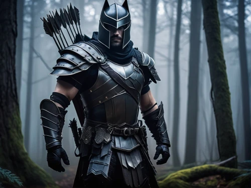 fantasy warrior,knight armor,god of thunder,biblical narrative characters,black warrior,norse,heroic fantasy,awesome arrow,cosplay image,spartan,cleanup,lone warrior,shredder,silver arrow,armor,wall,warlord,the warrior,digital compositing,sparta,Illustration,Paper based,Paper Based 27