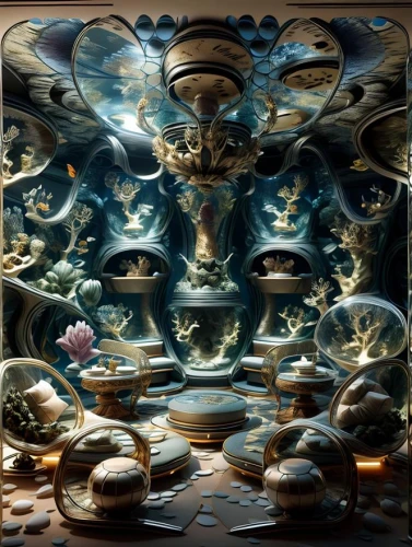 ceramic hob,china cabinet,fractals art,tealight,gamelan,mandelbulb,serving tray,chinaware,baroque,tea service,tureen,cabinet,escher,glass harp,tableware,pinball,decorative plate,oriental painting,cooktop,surrealism