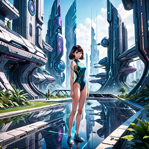 futuristic landscape,aqua studio,diamond lagoon,sci fiction illustration,fantasy city,scifi,futuristic,virtual world,honolulu,3d fantasy,cyberspace,shinjuku,cityscape,city trans,metaverse,sci-fi,sci - fi,futuristic art museum,sci fi,atlantis,Anime,Anime,General