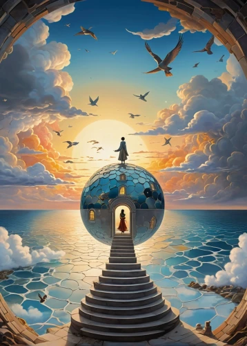 fantasy picture,fantasy world,stargate,dream world,the globe,window to the world,musical dome,house of the sea,surrealism,heaven gate,fantasy art,myst,porthole,world digital painting,3d fantasy,parallel worlds,globe,bird kingdom,wishing well,portals,Art,Artistic Painting,Artistic Painting 20