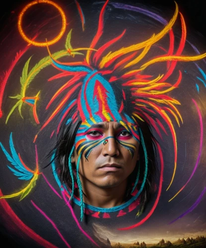 the american indian,native american,american indian,amerindien,indigenous,neon body painting,indigenous painting,native,shaman,red cloud,shamanism,tribal chief,war bonnet,shamanic,chief cook,anasazi,first nation,chief,pachamama,hawk feather,Photography,General,Fantasy