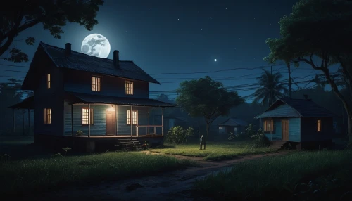 lonely house,little house,night scene,witch's house,small house,summer cottage,wooden houses,evening atmosphere,old home,house in the forest,witch house,cottage,homestead,small cabin,farmstead,house silhouette,home or lost,dwelling,nightlight,fireflies,Conceptual Art,Sci-Fi,Sci-Fi 11