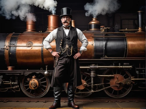 steampunk,railroad engineer,steam locomotives,steam locomotive,clyde steamer,steam train,steam engine,steam power,scotsman,stovepipe hat,steam car,steam railway,boilermaker,pipe smoking,steam,model train figure,steampunk gears,steam machine,steam special train,conductor,Photography,Documentary Photography,Documentary Photography 34