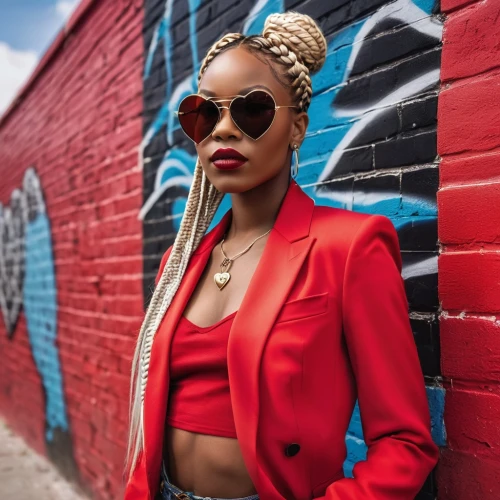 toronto,red tones,harlem,brooklyn,red wall,fitzroy,red lipstick,bolero jacket,red lips,shoreditch,black women,vintage fashion,havana brown,shades,red coat,concrete background,rouge,african american woman,chi,lady in red